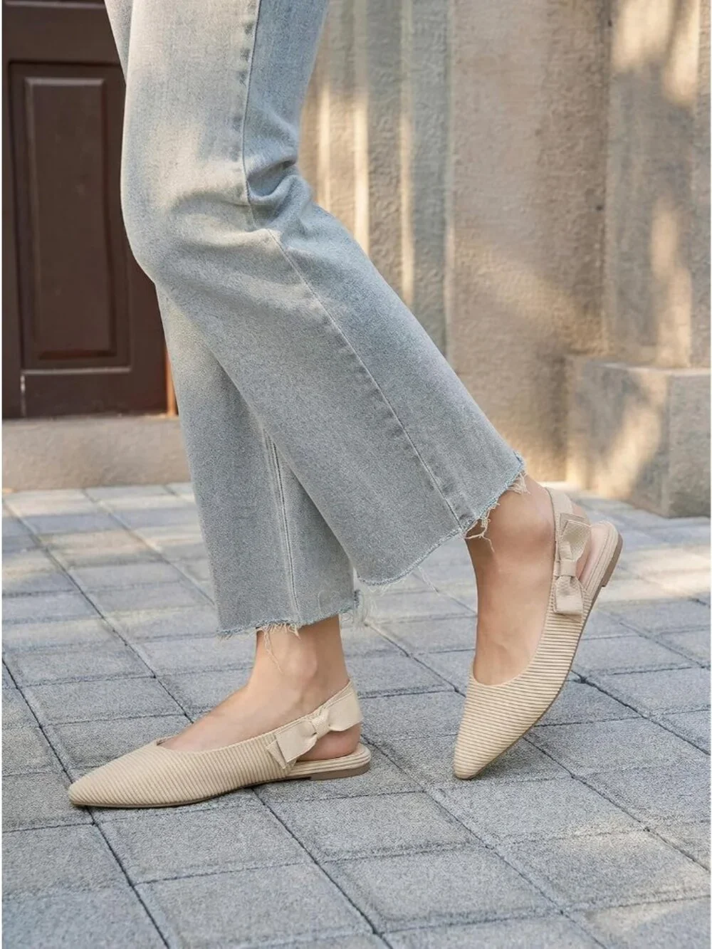 Women's Knit Apricot Slingback Flats Bow Pointed Closed Toe Slip on Party Shoes
